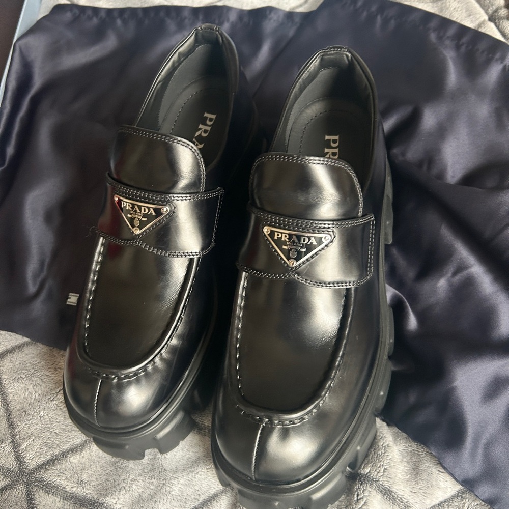 Prada Brushed Leather Monolith Loafers